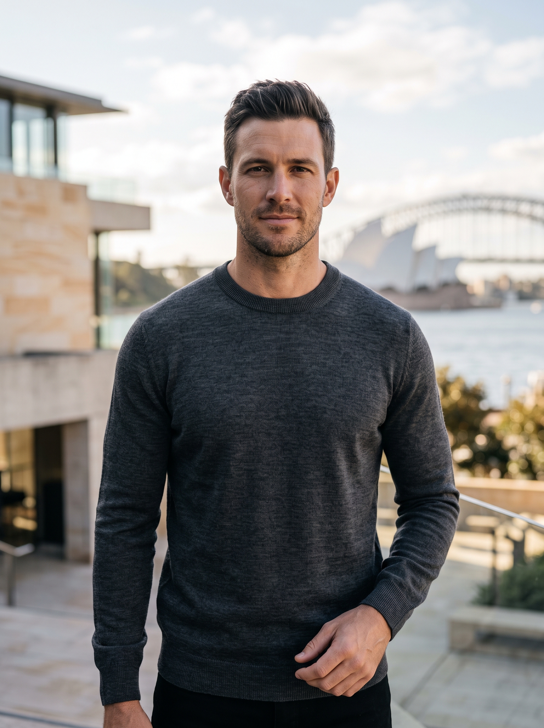 Editorial portrait of an adult male model wearing Merino Protect 100% Merino Wool Sweater Men Crewneck Pullover