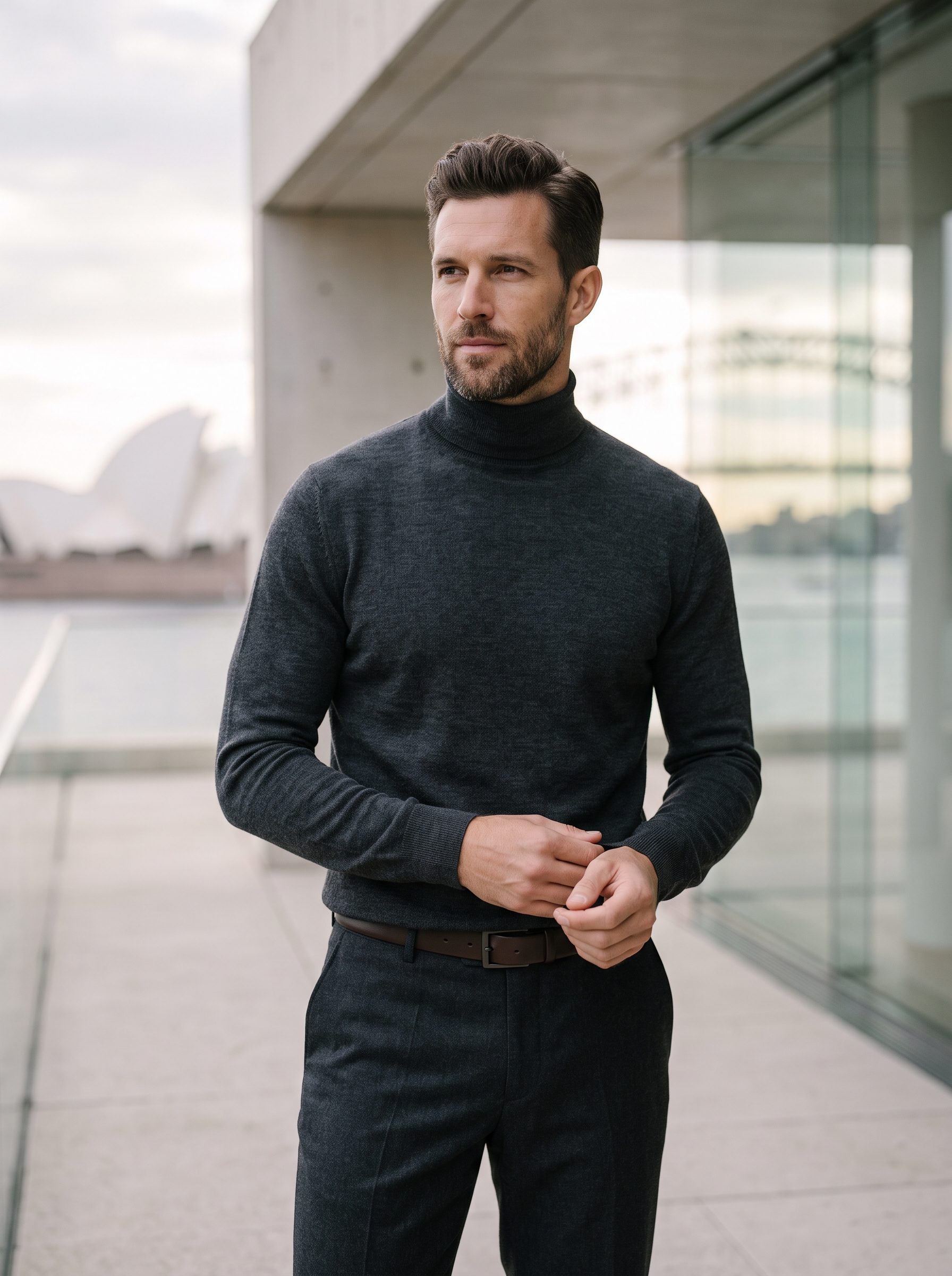 Editorial portrait of an adult male model wearing Cashmeren Men's Essential Knit Turtleneck Sweater 100% Merino Wool Long Sleeve Roll Neck Pullover