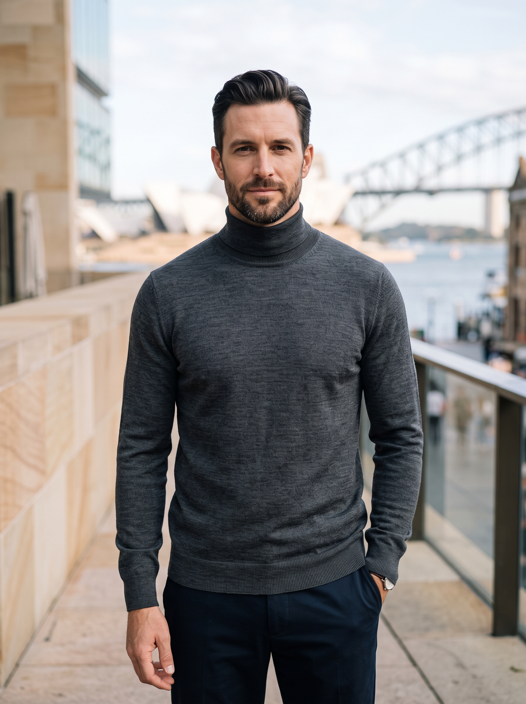 Editorial portrait of an adult male model wearing Chanyarn Men's 100% Merino Wool Sweater 2026 Fall Winter First-Line Ready to Wear High Neck Long Sleeve Seamless Knit Sweater