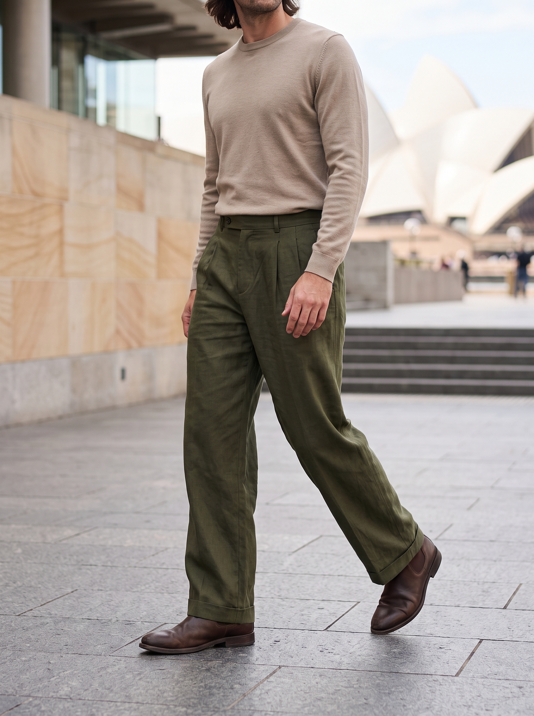 Editorial portrait of an adult male model wearing Runcati Mens Baggy Dress Pants Wide Leg Pleated Casual Slacks 30"/32"/34"