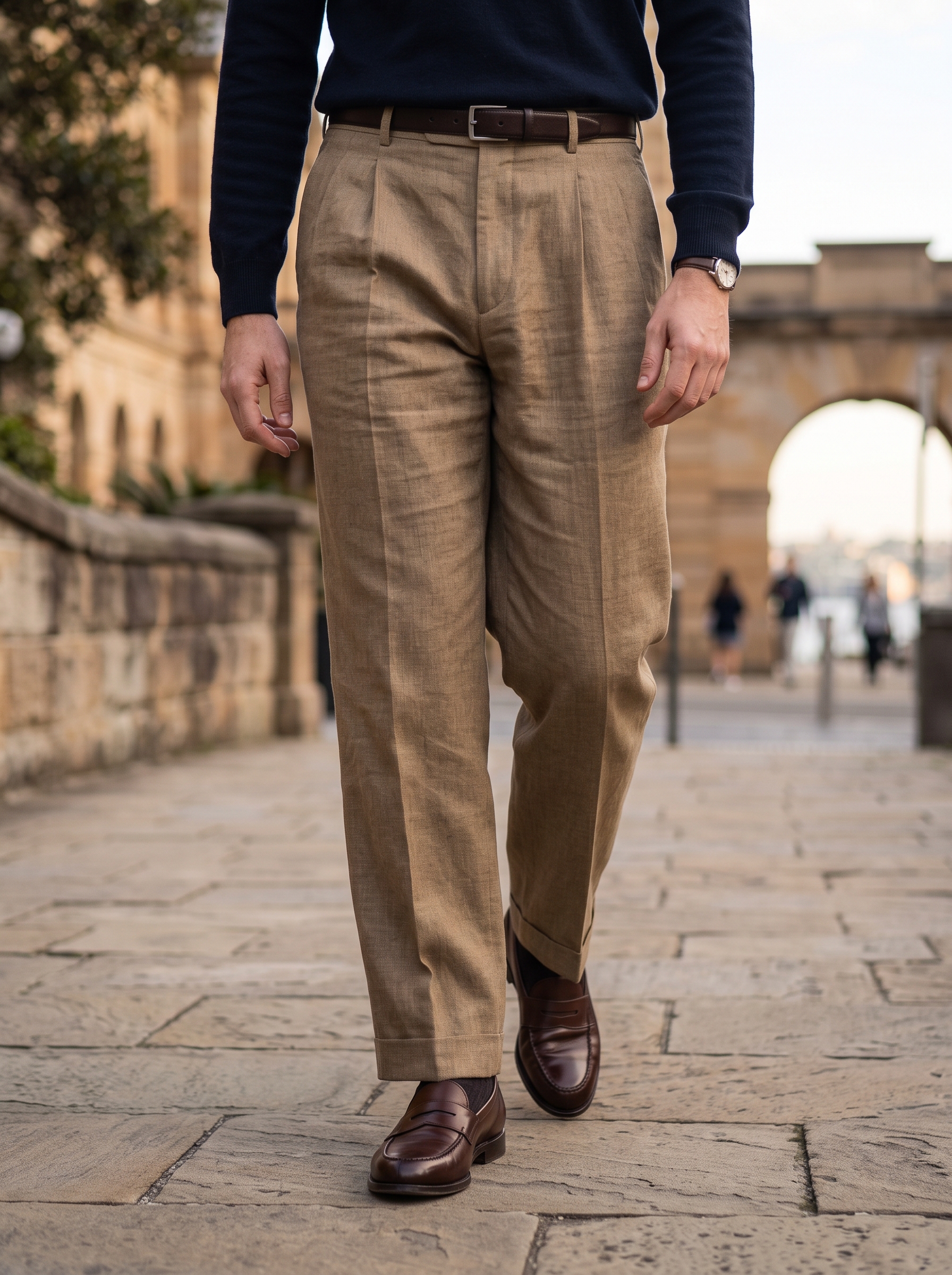 Editorial portrait of an adult male model wearing Susclude Mens Casual Dress Pants Old Money Pleated Baggy Wide Leg Vintage Relaxed Fit Slacks Work Office Trousers