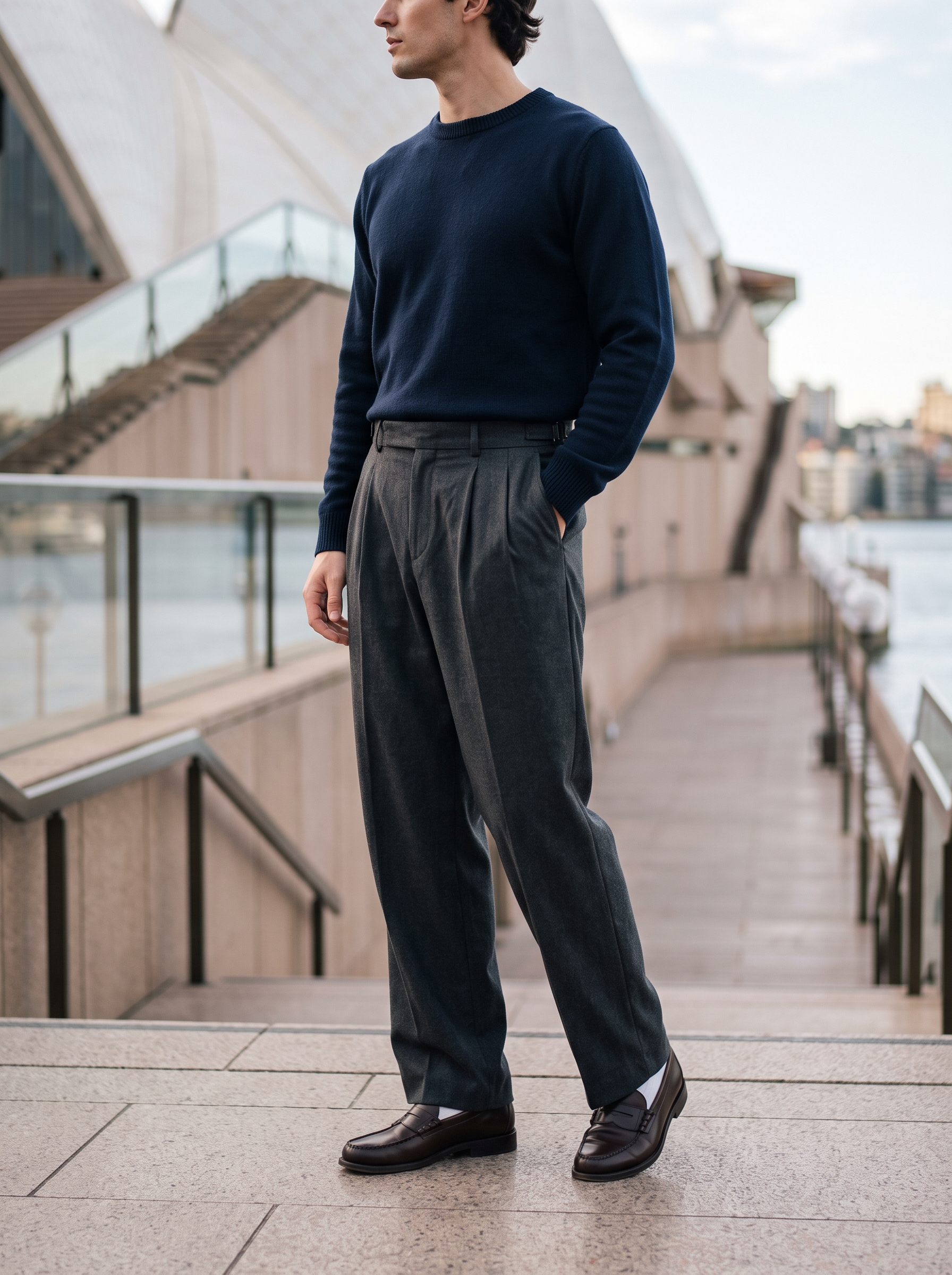 Editorial portrait of an adult male model wearing JMIERR Men's Baggy Pleated Wide Leg Loose Fit Brushed Casual Dress Pants