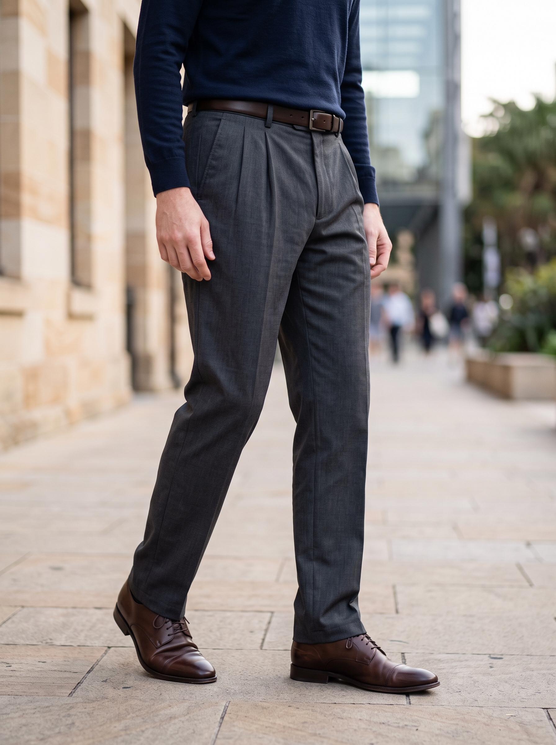 Editorial portrait of an adult male model wearing Amazon Essentials Men's Classic-Fit Pleated Dress Pants (Available in Big & Tall)