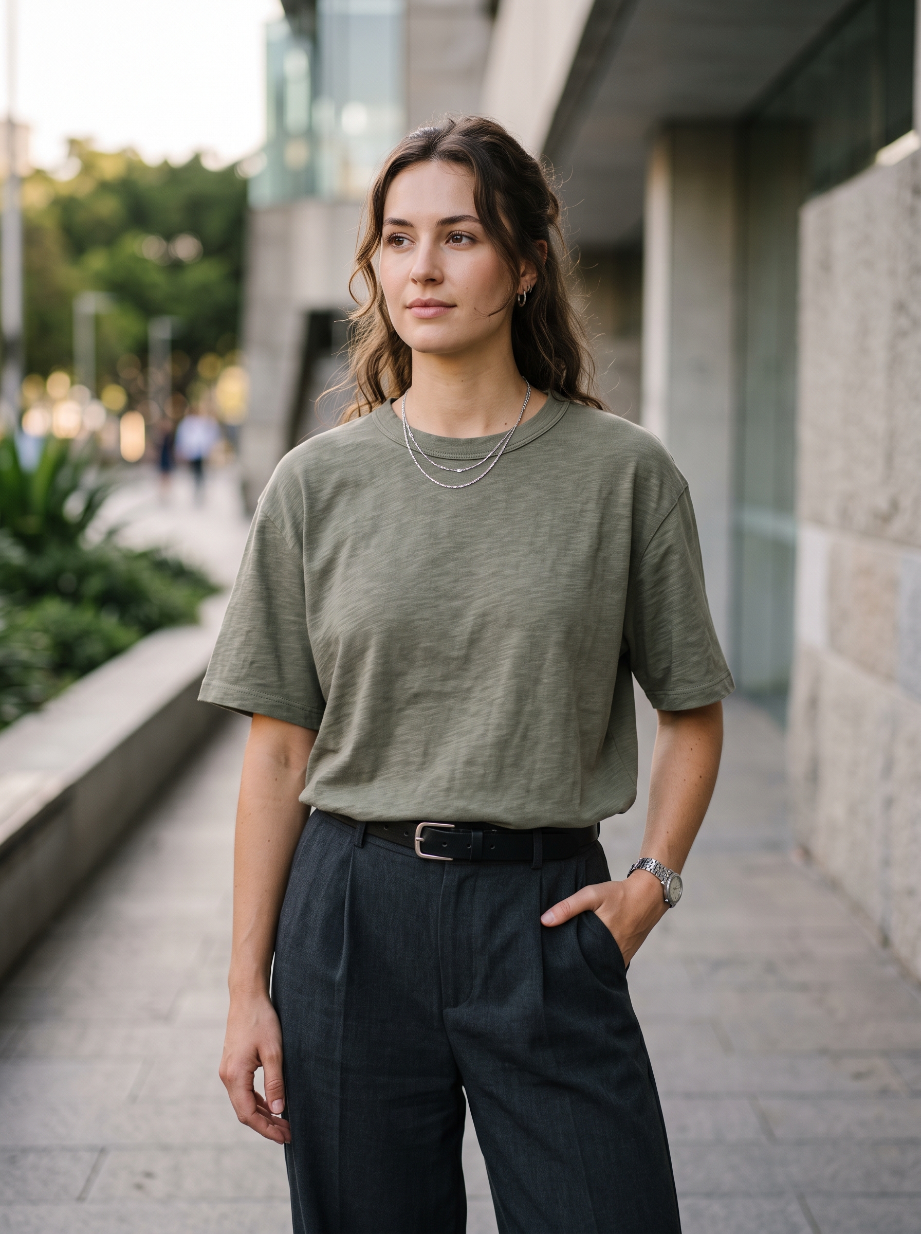 Editorial portrait of an adult female model wearing FAIABLE Cotton Crew Neck T Shirts for Women Slub Cotton Short Sleeve Shirt Casual Summer Basic Tees Tops Fashion Trendy 2026