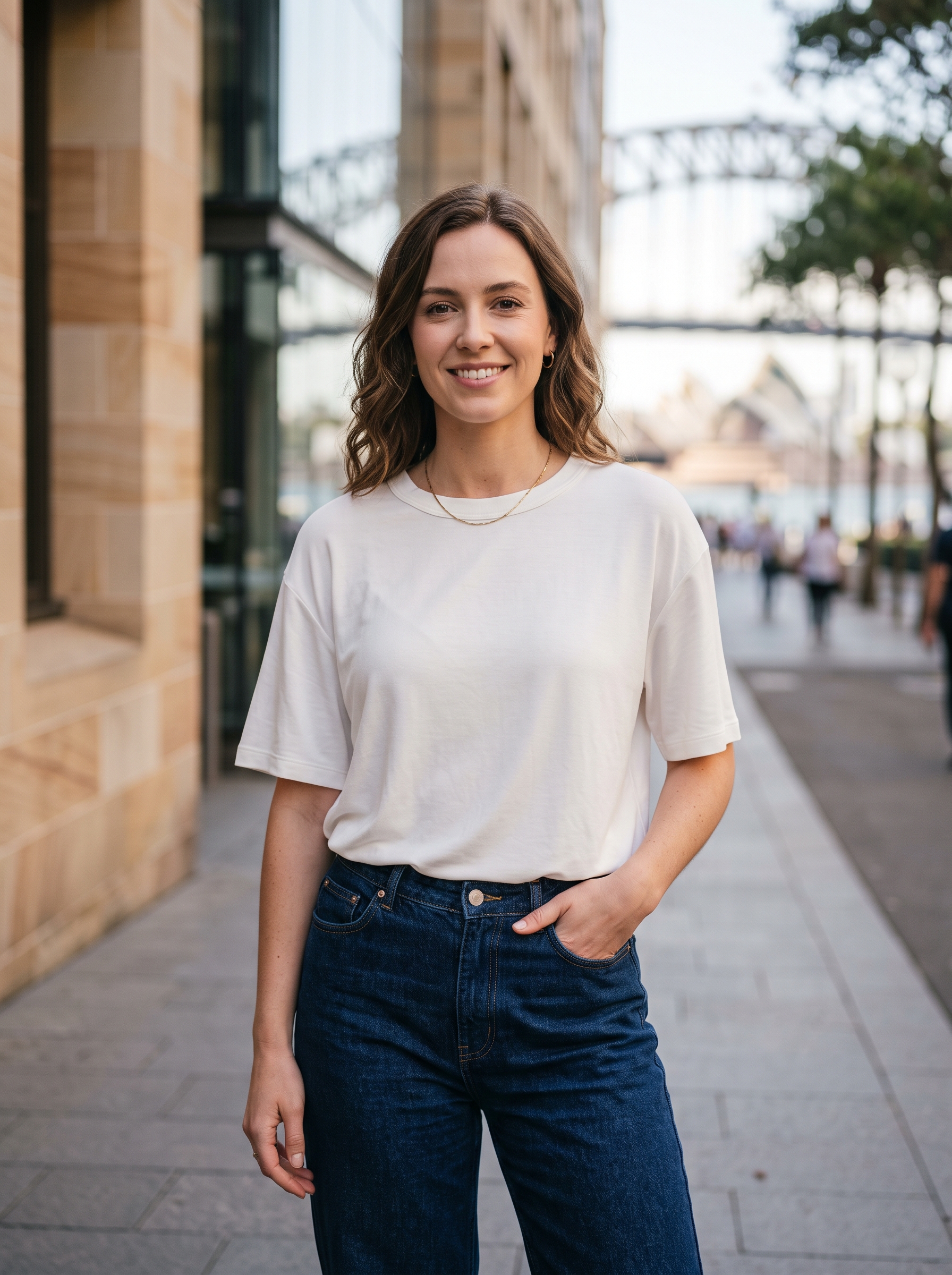 Editorial portrait of an adult female model wearing Stelle Womens Modal Soft Crewneck Short Sleeve T Shirts Basic Tees
