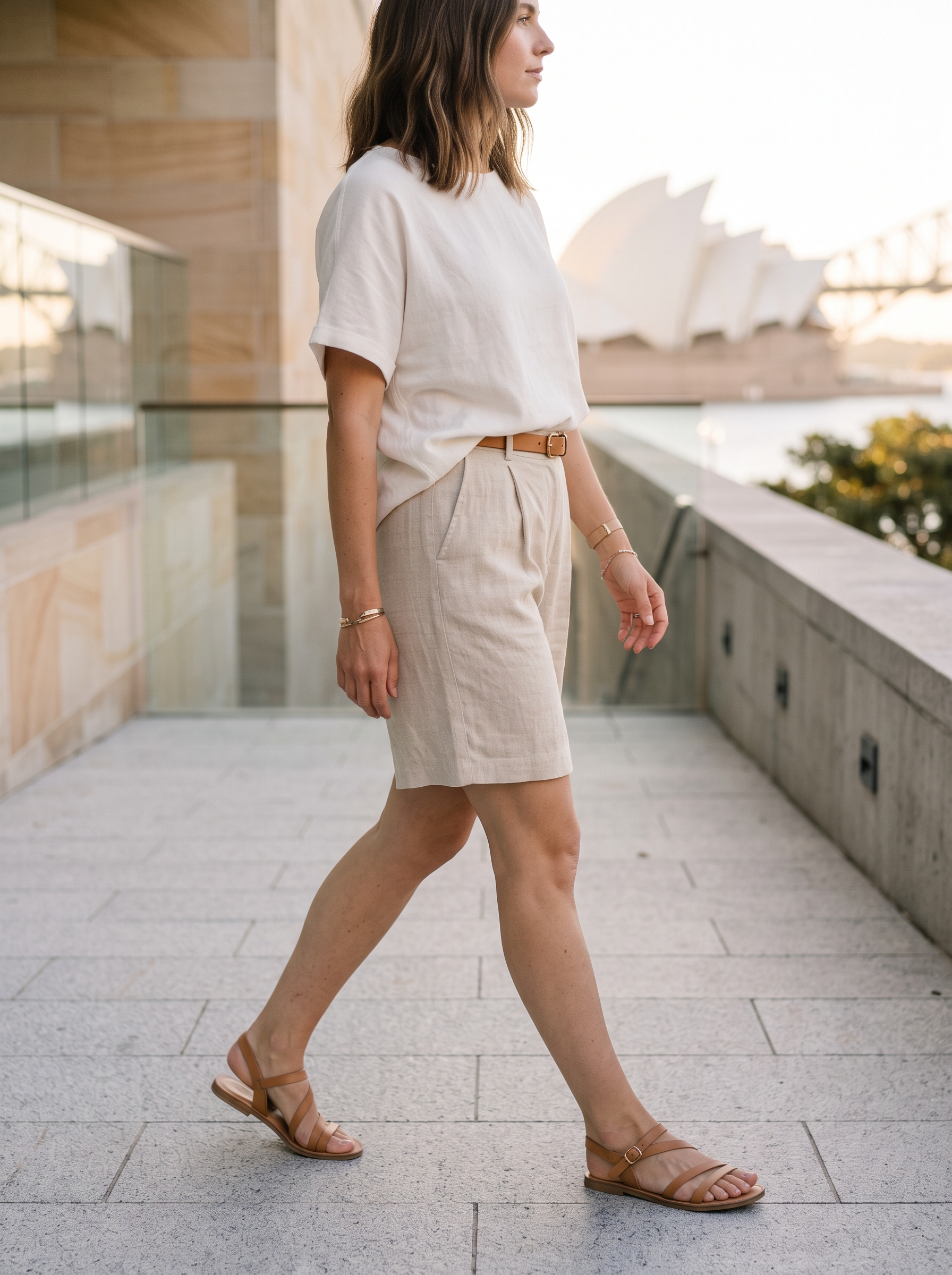 Editorial portrait of an adult female model wearing ANRABESS Linen Shorts for Women Summer Casual High Waisted Wide Leg