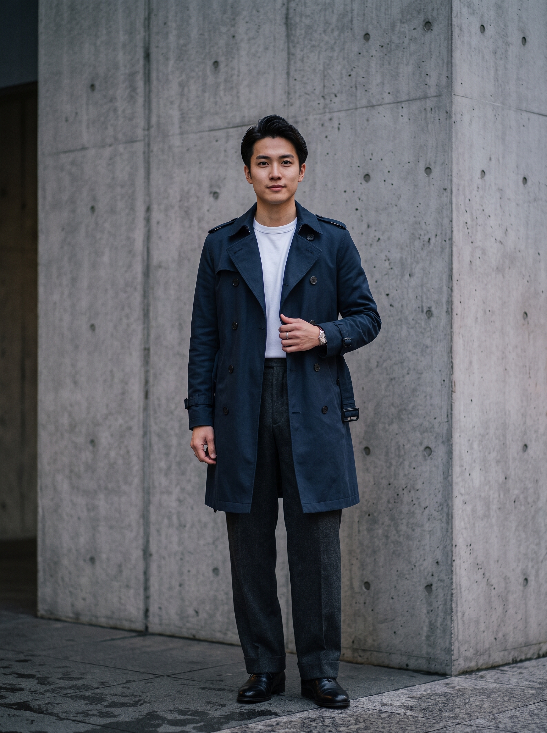 Editorial portrait of an adult model wearing Gafeng Men's Trench Coat Belted Windbreaker Long Jacket Windproof Overcoat
