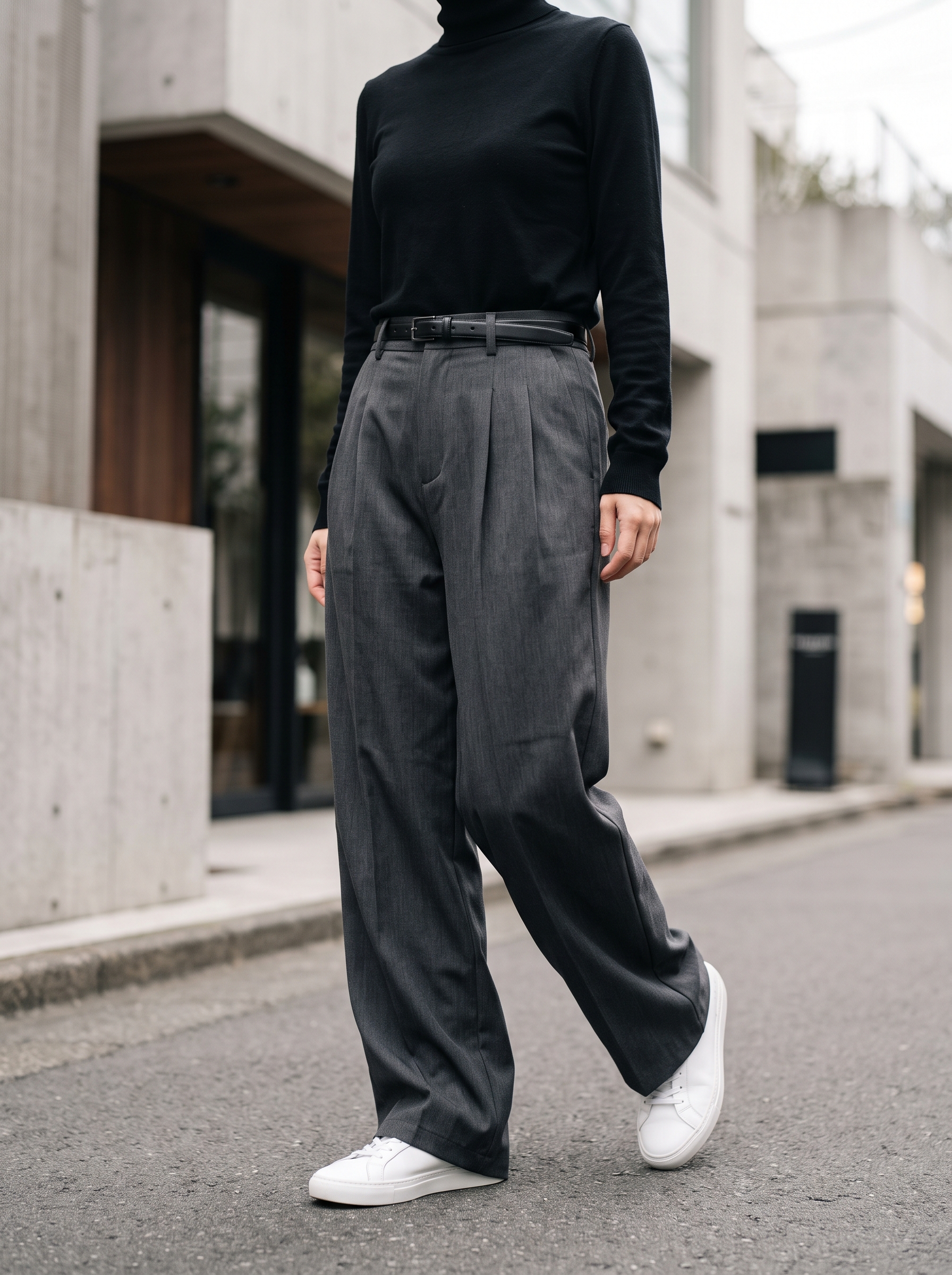 Editorial portrait of an adult model wearing Aelfric Eden Wide Leg Dress Pants Mens Womens Baggy Pleated Trousers Vintage Button Front High Waisted Y2K Streetwear Pants