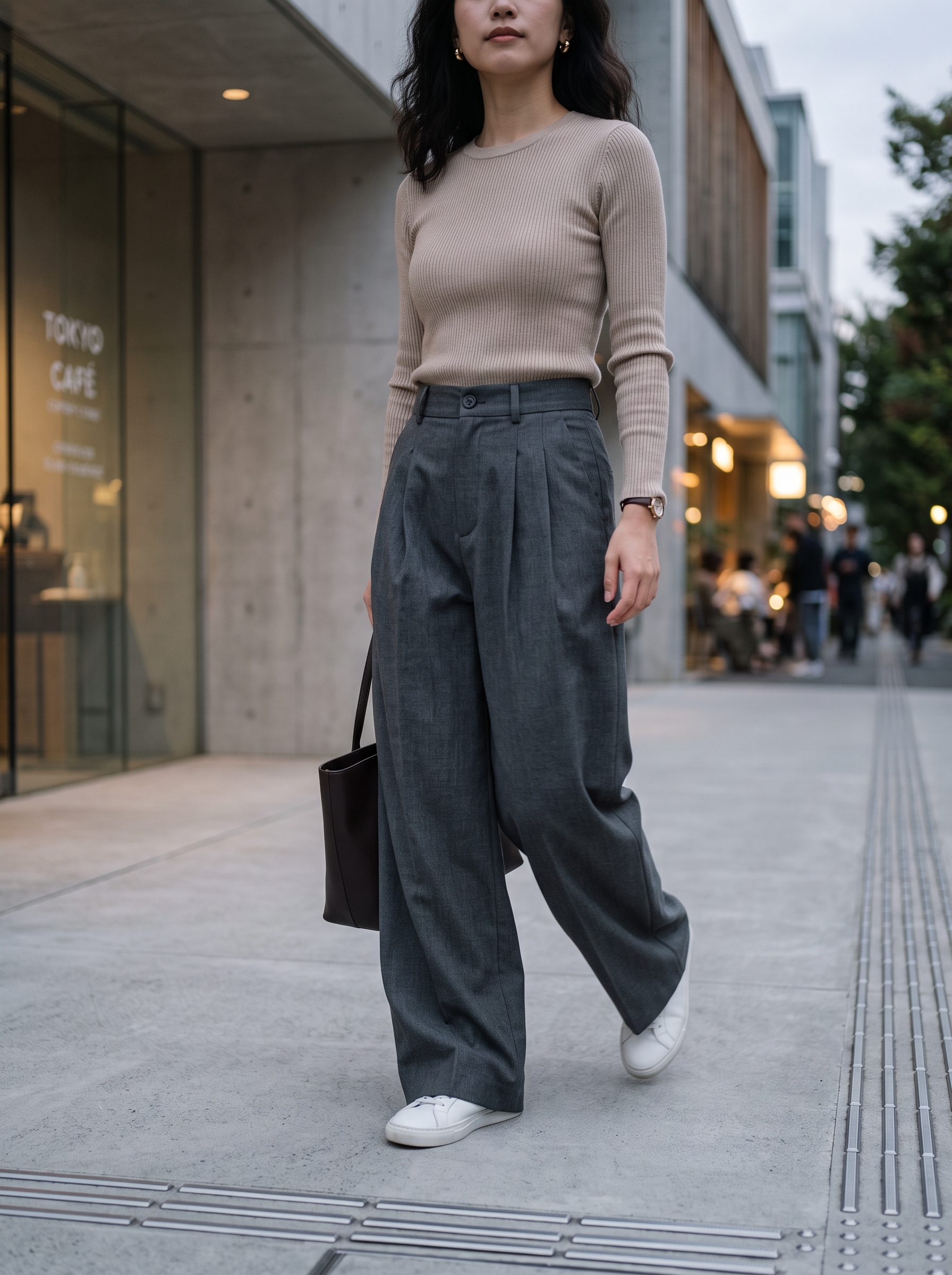 Editorial portrait of an adult model wearing Aelfric Eden Wide Leg Dress Pants Mens Womens Baggy Pleated Trousers Vintage Button Front High Waisted Y2K Streetwear Pants