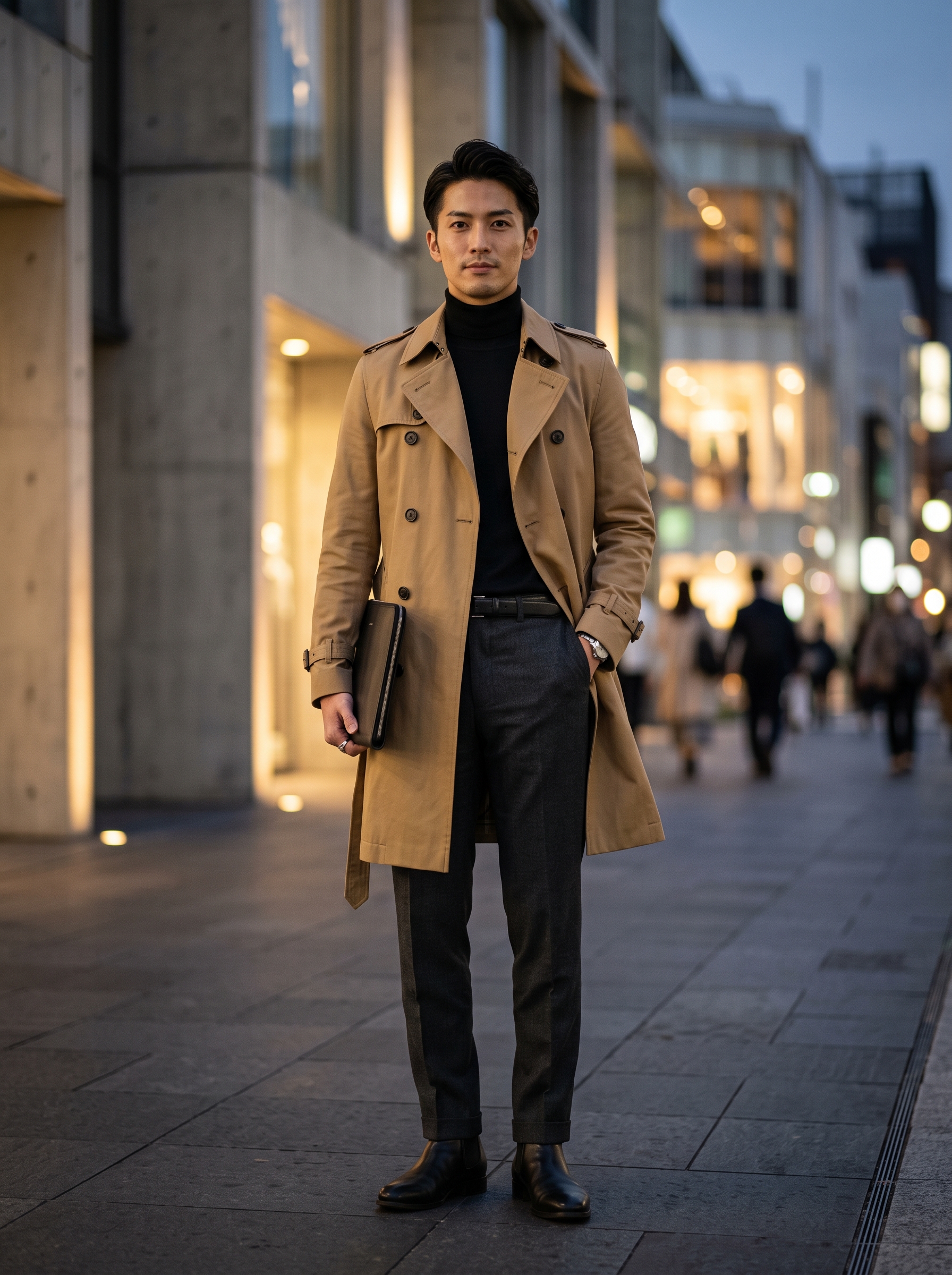Editorial portrait of an adult model wearing Runcati Mens Trench Coat Double Breasted Notch Lapel Casual Long Overcoat