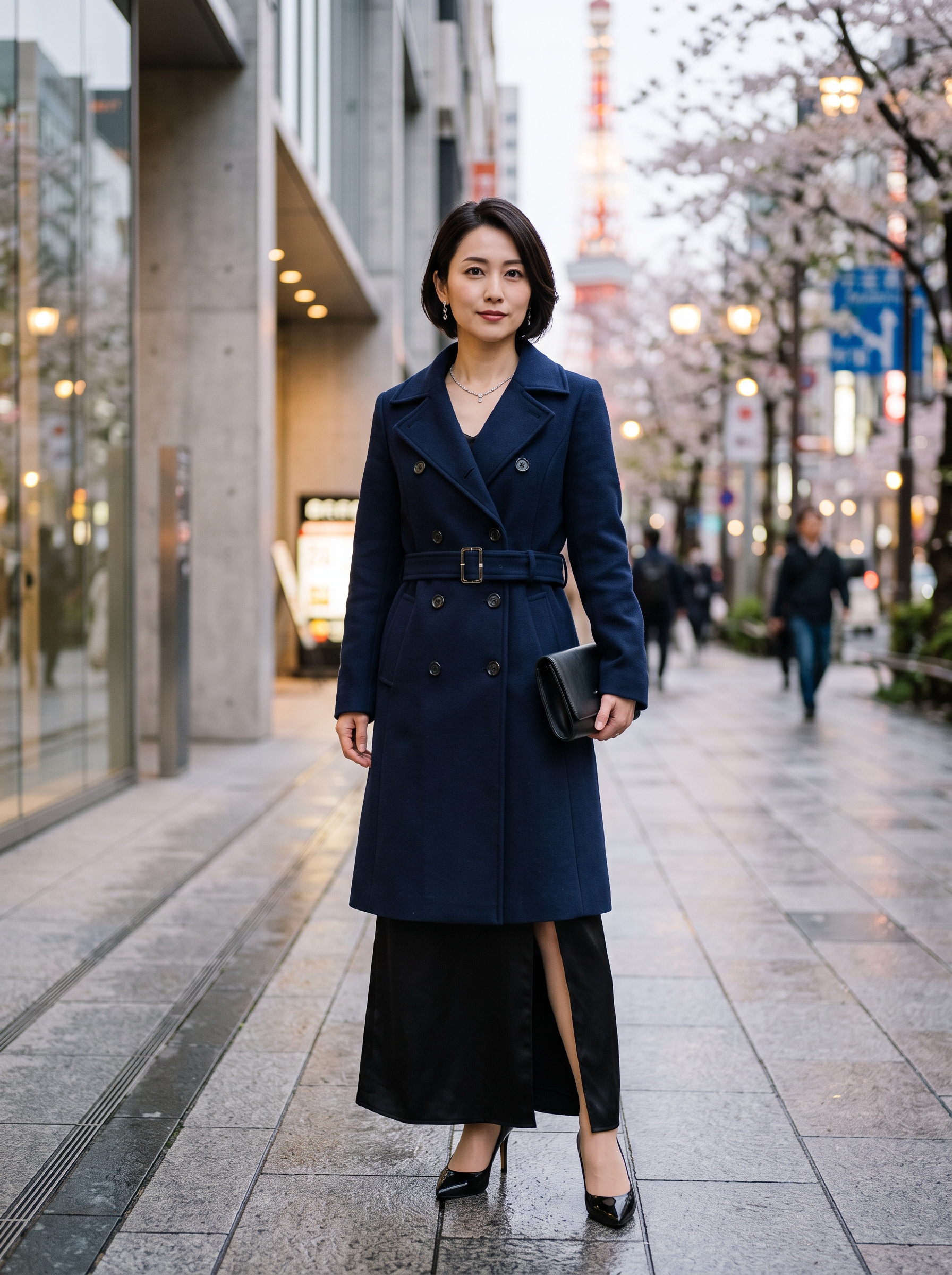 Editorial portrait of an adult model wearing utcoco Womens Long Wool Pea Coat Notched Lapel Double Breasted Trench Coat Winter Warm Overcoat with Belt
