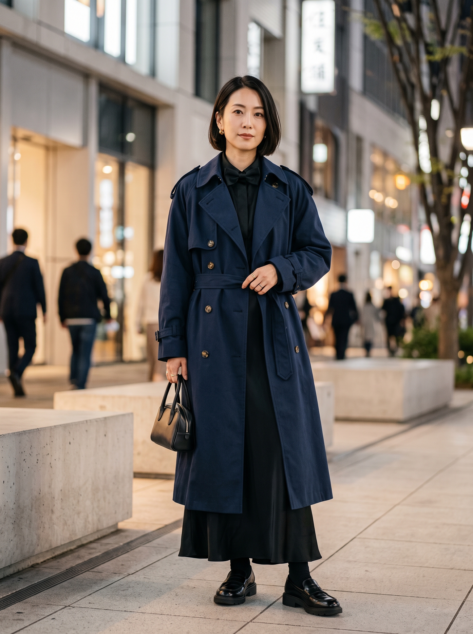 Editorial portrait of an adult model wearing Farktop Womens Oversized Long Trench Coat Double Breasted Lapel Windproof