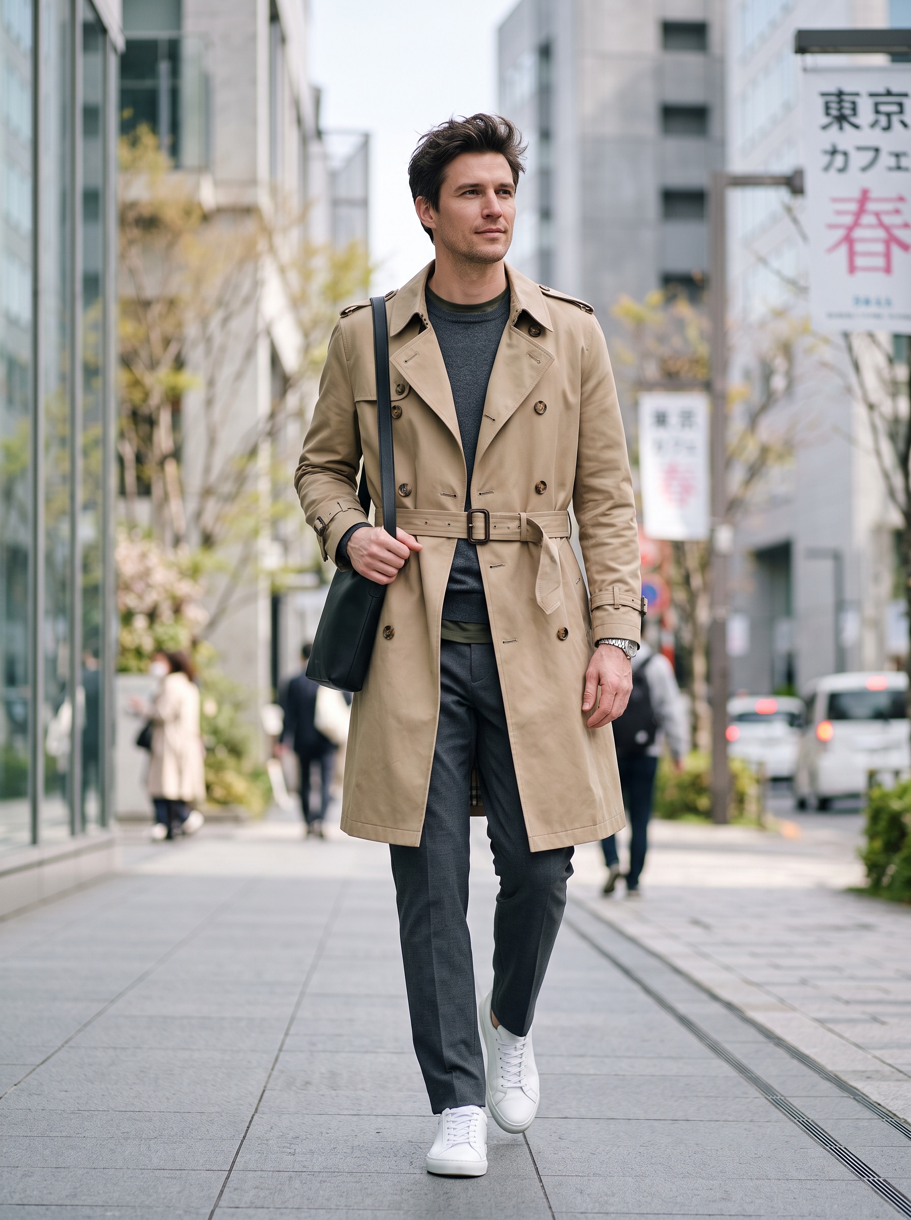 Editorial portrait of an adult male model wearing Runcati Mens Trench Coat Double Breasted Notch Lapel Casual Long Overcoat