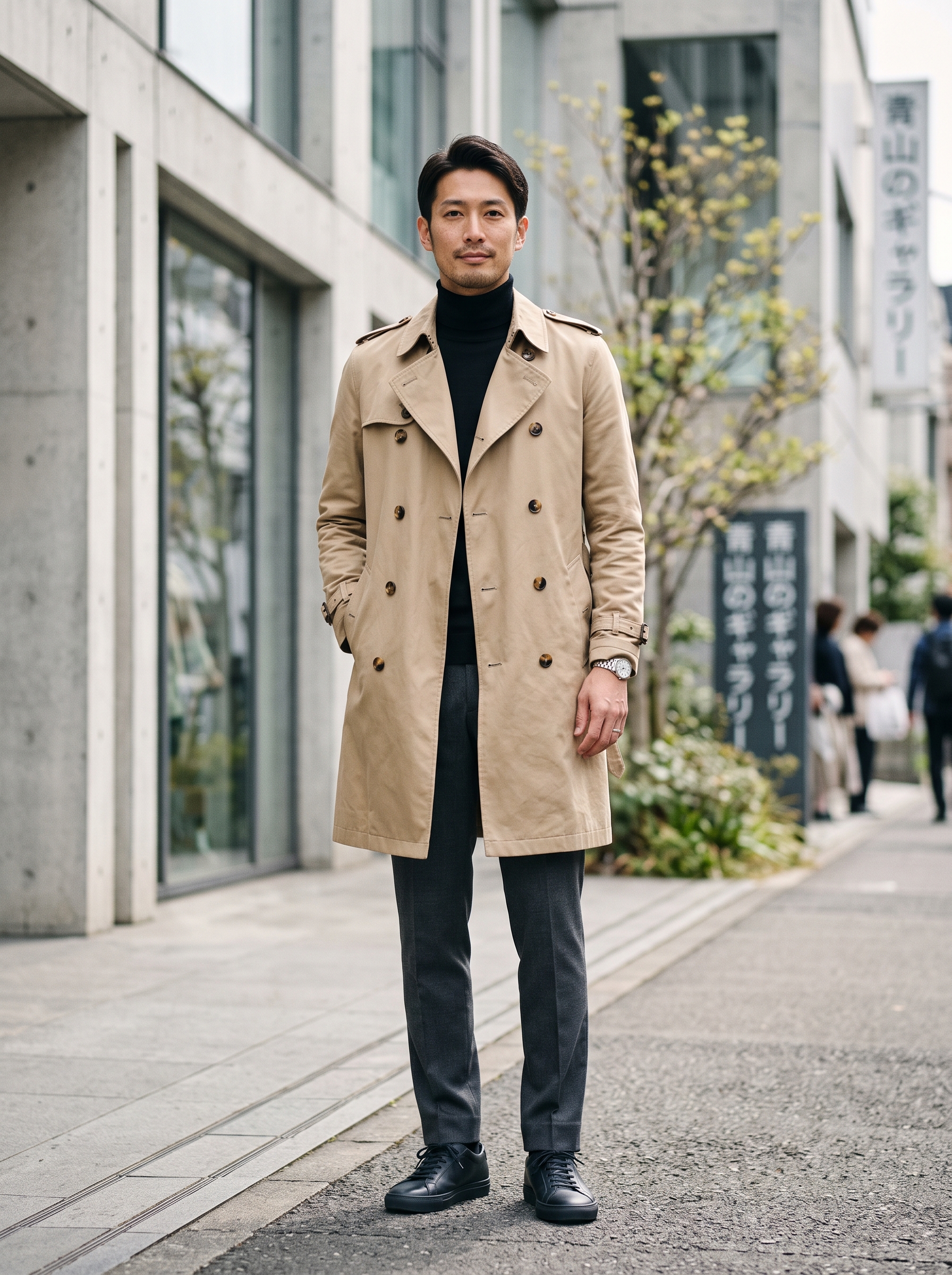 Editorial portrait of an adult male model wearing Gafeng Men's Trench Coat Belted Windbreaker Long Jacket Windproof Overcoat