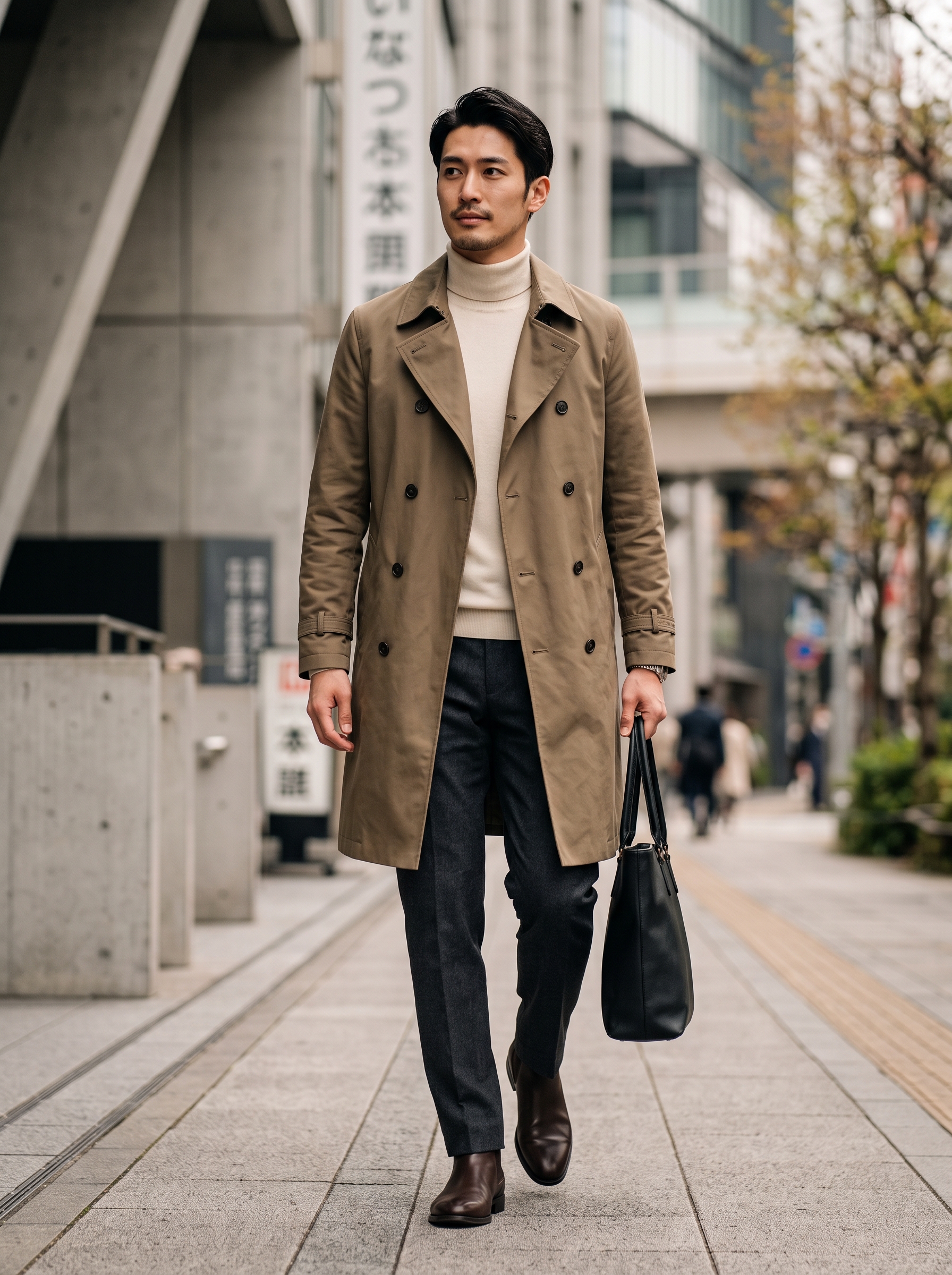 Editorial portrait of an adult male model wearing Runcati Mens Trench Coat Double Breasted Windbreaker Long Jacket Overcoat