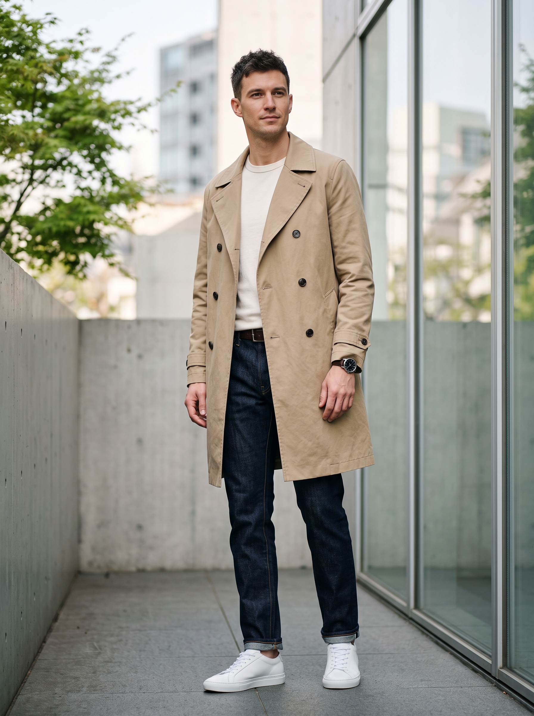 Editorial portrait of an adult male model wearing Runcati Mens Trench Coat Double Breasted Notched Lapel Slim Fit Long Jacket
