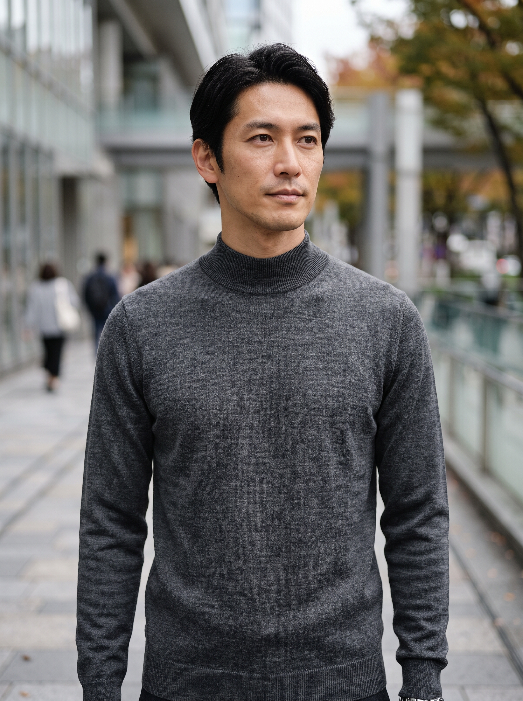 Editorial portrait of an adult male model wearing Chanyarn Men's 100% Merino Wool Sweater 2026 Fall Winter First-Line Ready to Wear Mock Neck Long Sleeve Seamless Knit Sweater