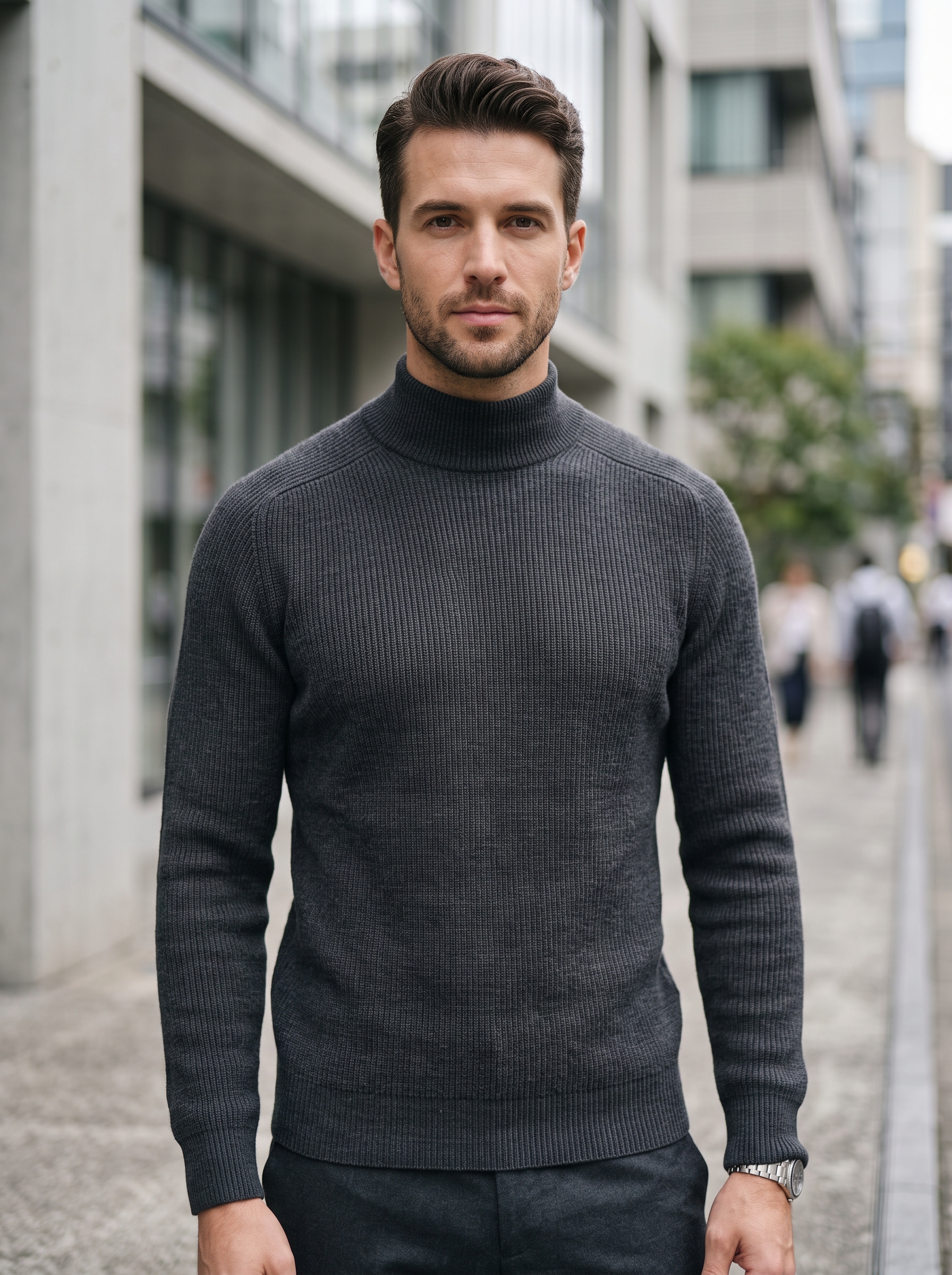 Editorial portrait of an adult male model wearing Chanyarn Men's 100% Merino Wool Sweater 2026 Fall Winter First-Line Ready to Wear High Neck Long Sleeve Seamless Knit Sweater