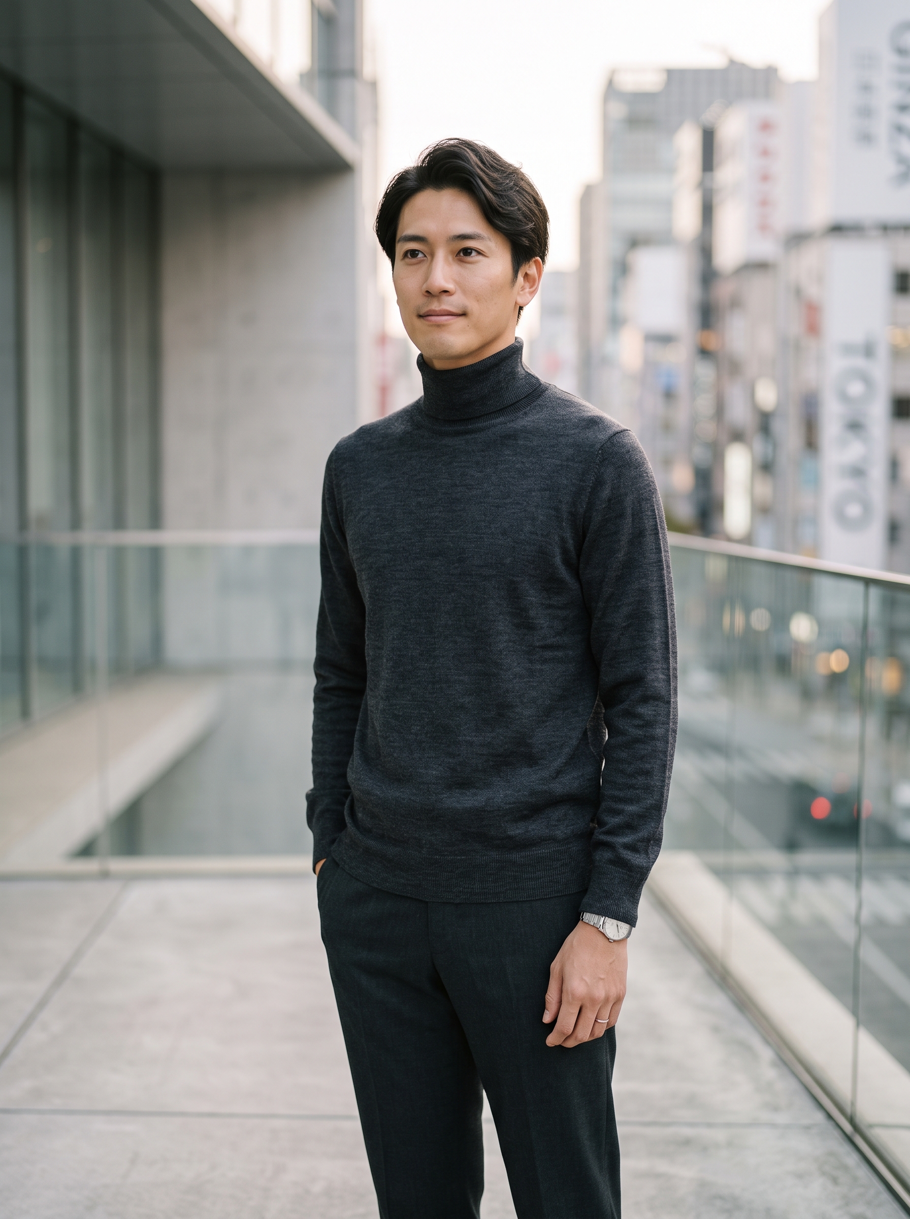 Editorial portrait of an adult male model wearing Cashmeren Men's Essential Knit Turtleneck Sweater 100% Merino Wool Long Sleeve Roll Neck Pullover