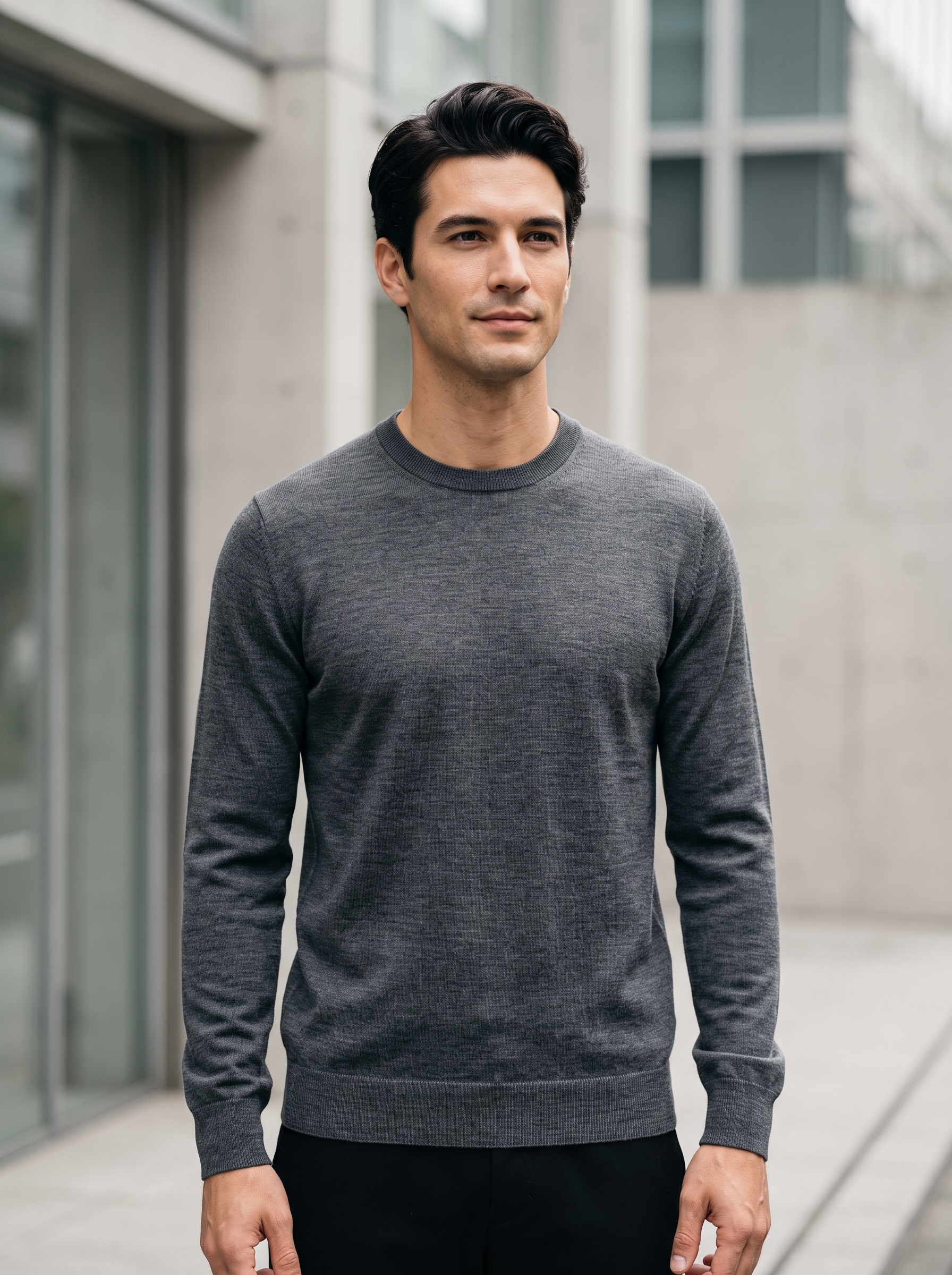 Editorial portrait of an adult male model wearing Chanyarn Men's 100% Merino Wool Sweater 2026 Fall Winter First-Line Ready to Wear Crew Neck Long Sleeve Seamless Knit Sweater