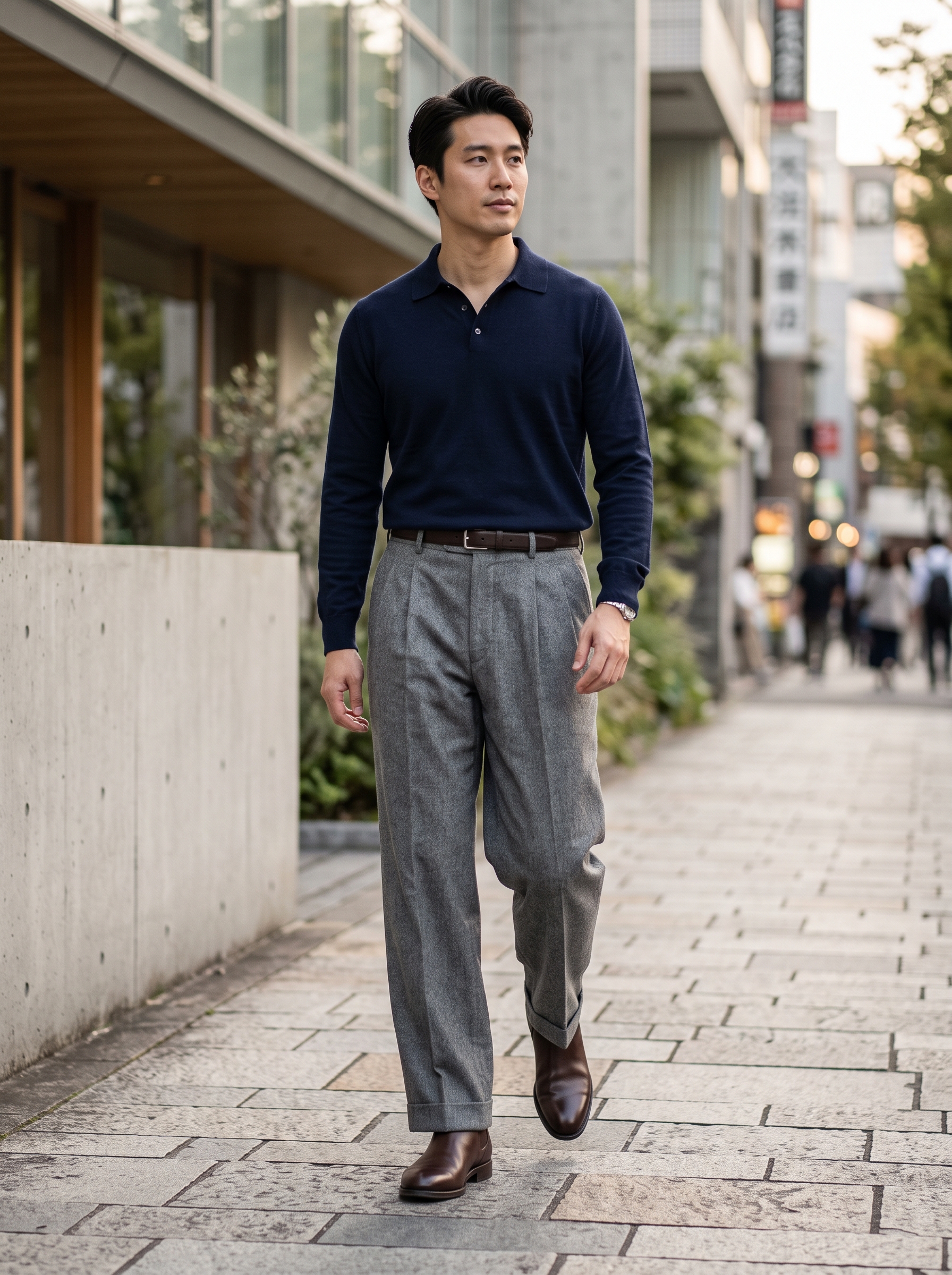 Editorial portrait of an adult male model wearing Susclude Mens Casual Dress Pants Old Money Pleated Baggy Wide Leg Vintage Relaxed Fit Slacks Work Office Trousers