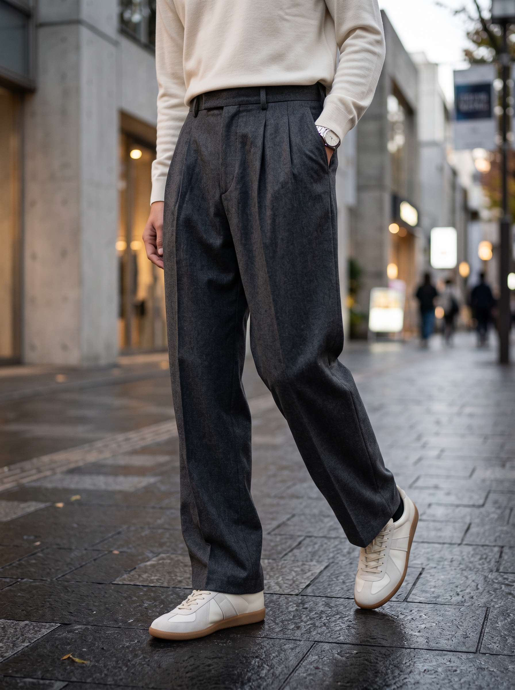 Editorial portrait of an adult male model wearing Heyfanee Baggy Dress Pants Men Pleated Wide Leg Trousers Old Money