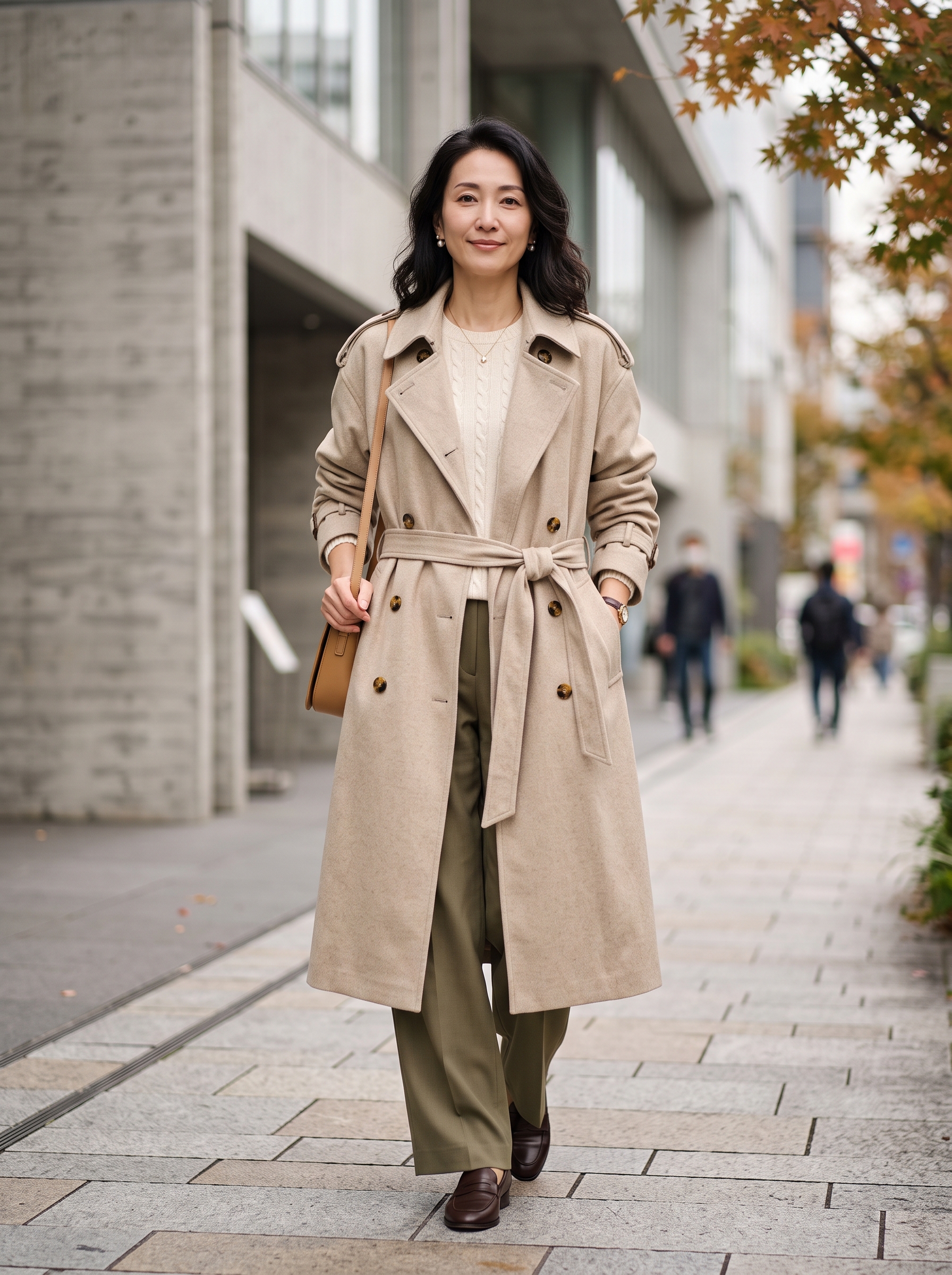 Editorial portrait of an adult female model wearing Women's Double Breasted Long Trench Coat Lapel Overcoat with Belt