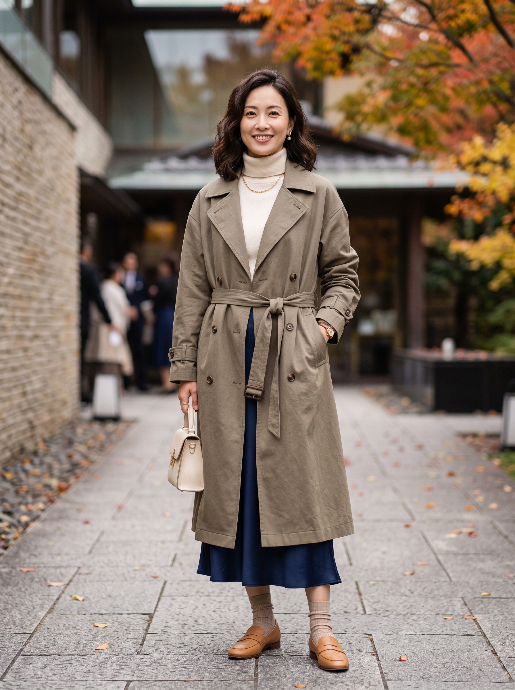 Editorial portrait of an adult female model wearing Fisoew Women's Long Trench Coat Double Breasted Windproof Classic Overcoat Fall, Winter, Double Breasted, Windproof, Classic Overcoat, Lapel, Belted, with Pockets