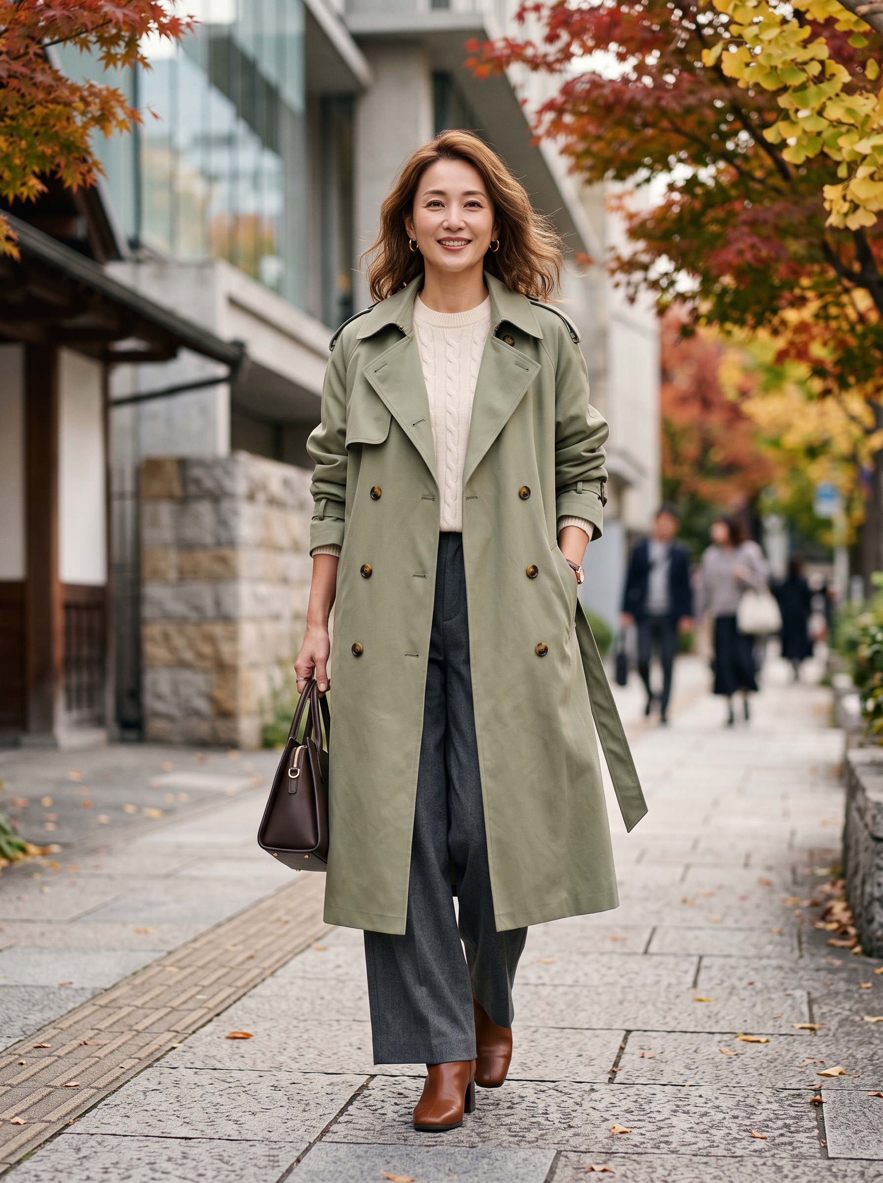 Editorial portrait of an adult female model wearing utcoco Womens Lapel Collar Double Breasted Windproof Long Trench Coat