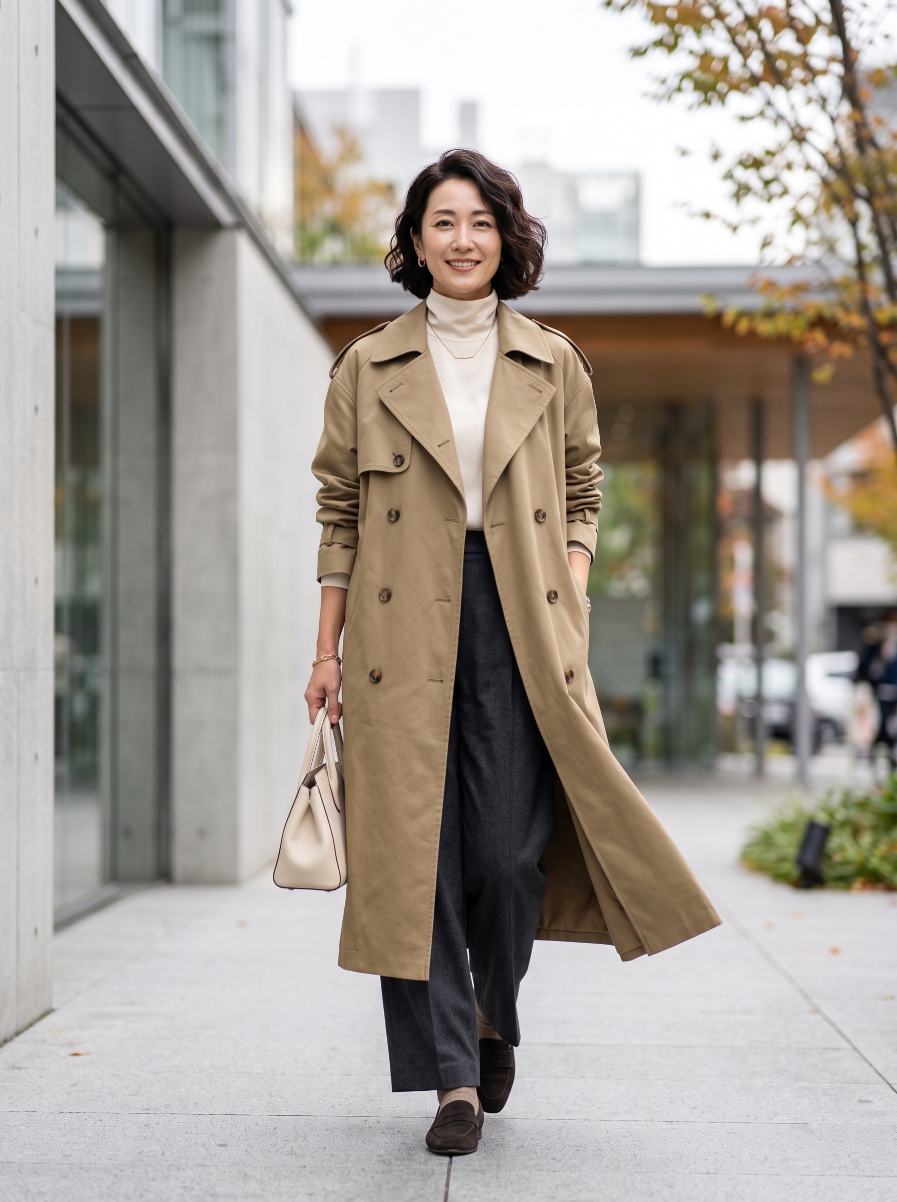 Editorial portrait of an adult female model wearing Farktop Womens Oversized Long Trench Coat Double Breasted Lapel Windproof