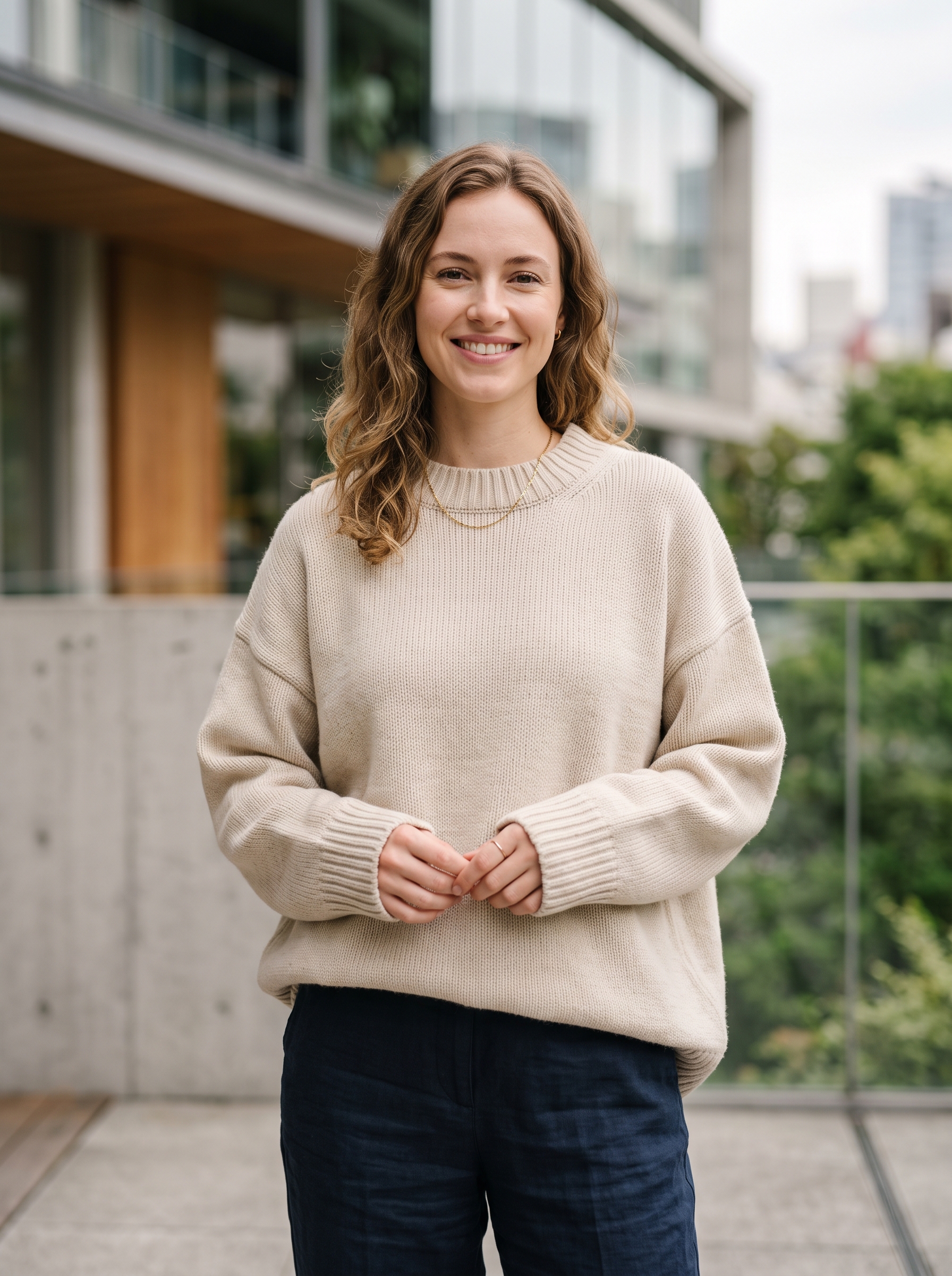 Editorial portrait of an adult female model wearing 100% Merino Wool Sweater for Women, Crew Neck Pullover Top