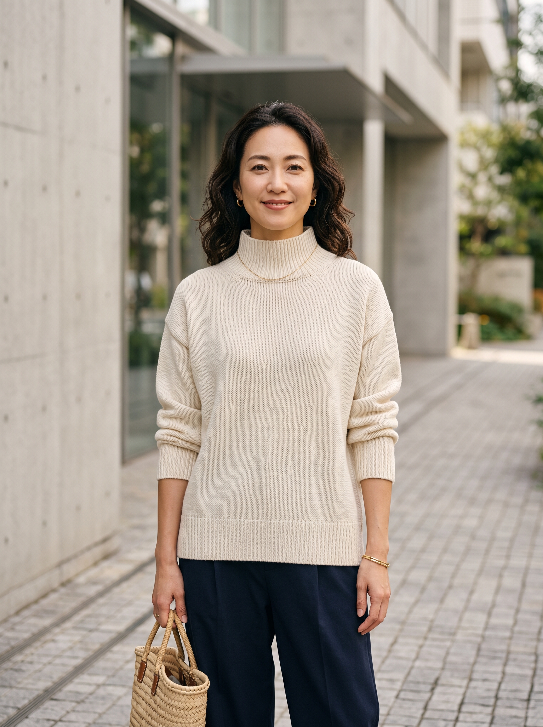 Editorial portrait of an adult female model wearing Chanyarn Women's 100% Merino Wool Seamless Sweater Mock Neck First-Line Ready to Wear Long Sleeve Knitted Pullover Tops