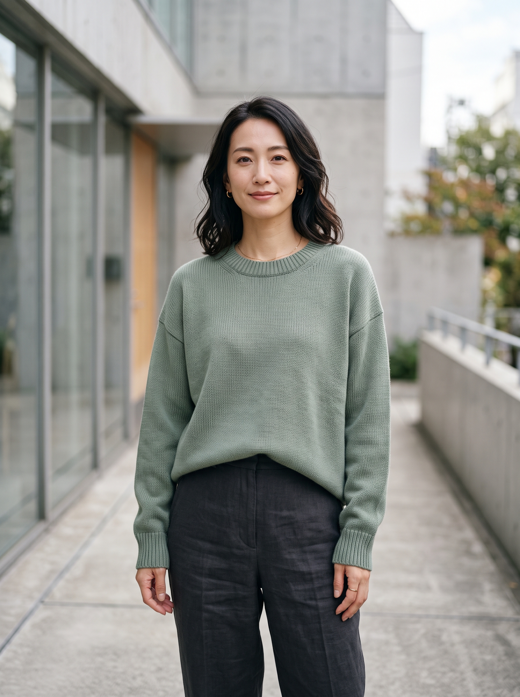 Editorial portrait of an adult female model wearing Chanyarn Women's 100% Merino Wool 2026 Fall Winter First-Line Ready to Wear Long Sleeve Seamless Knit Crewneck Sweater