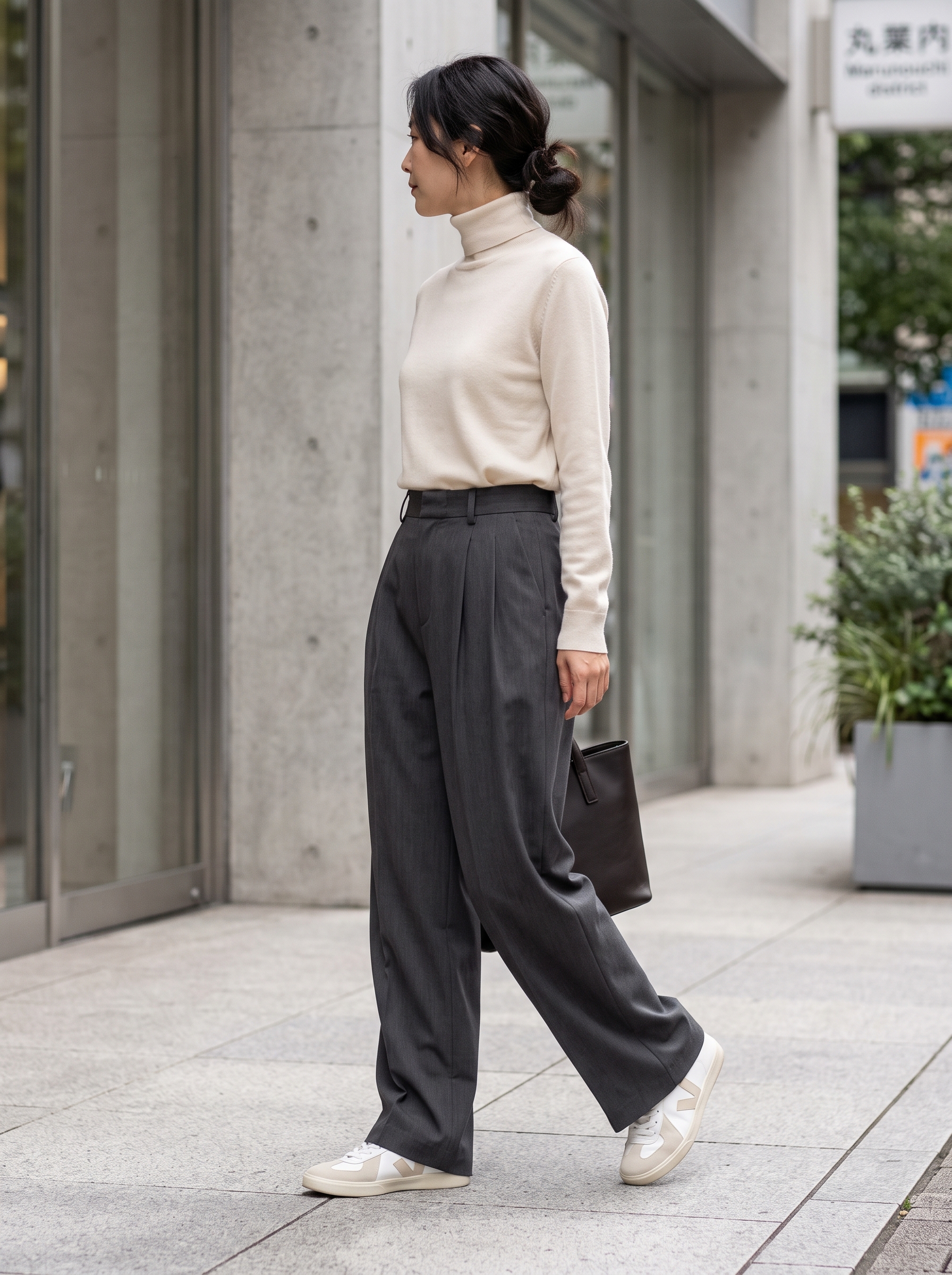Editorial portrait of an adult female model wearing PRETTYGARDEN Women's Tailored Wide Leg Work Dress Pants